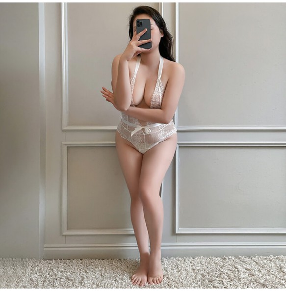 FEE ET MOI - Lace Eyelash Deep V Open Crotch Bodysuit (Plus Size - White)